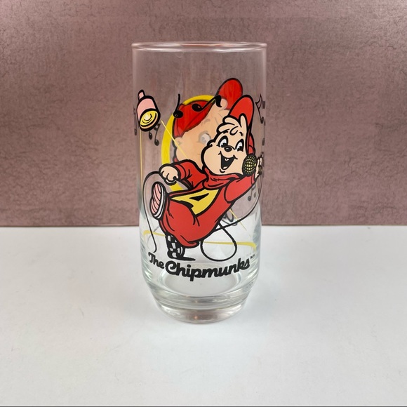 Vintage Alvin And The Chipmunks 1985 Drinking Glass Clear Red Yellow - Picture 1 of 7